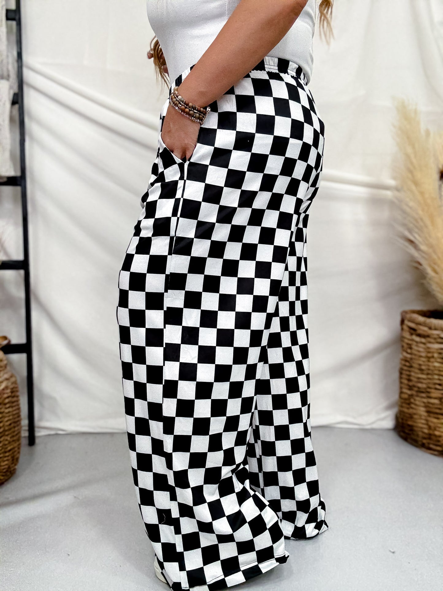 Black & White Checkered Elastic Waist Pants