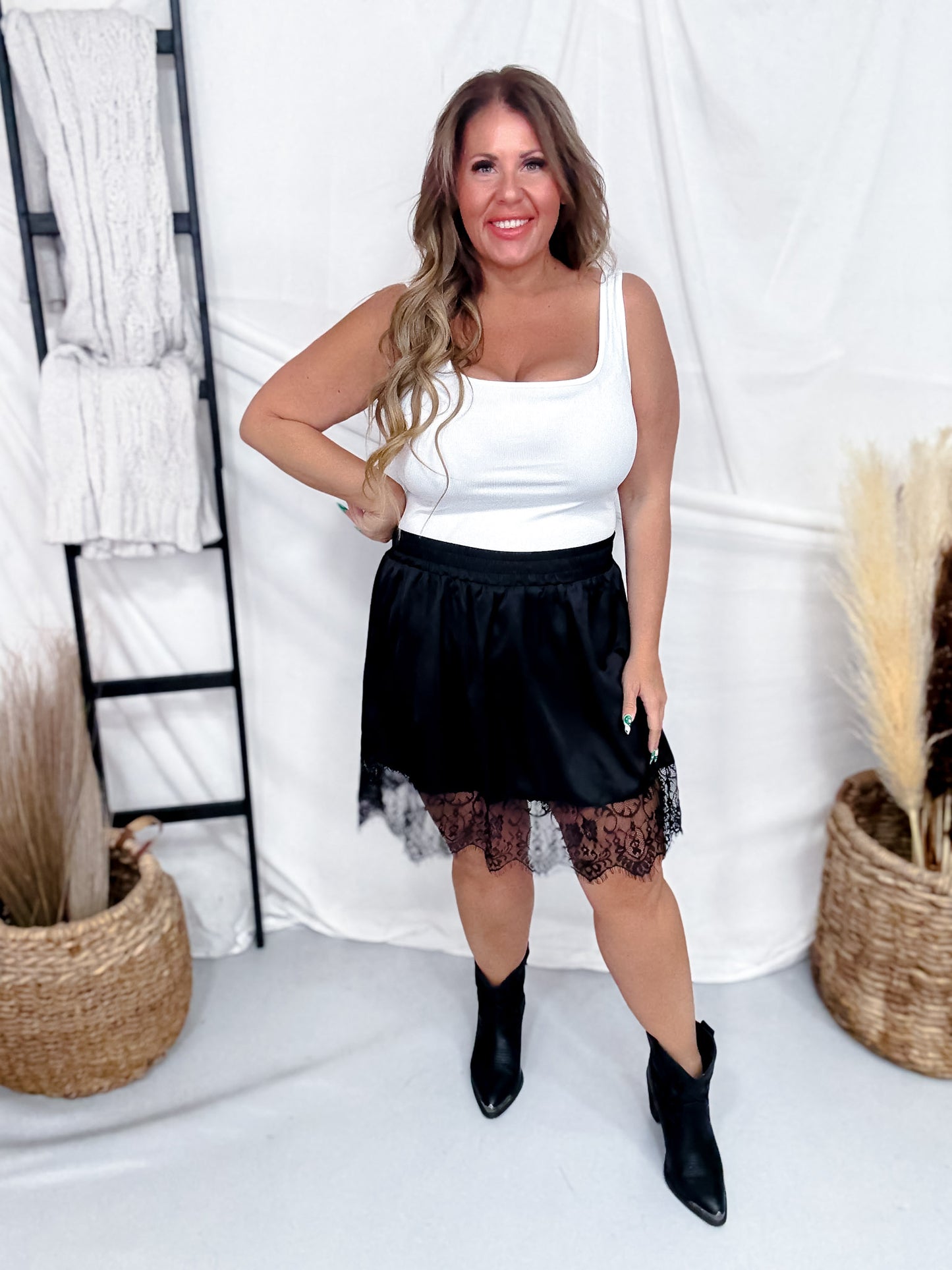 "My Lace" Trendy Midnight Black Skirt W/ Lace Detail