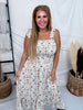 Floral Print Smocked Midi Sundress With Tie Shoulder Straps