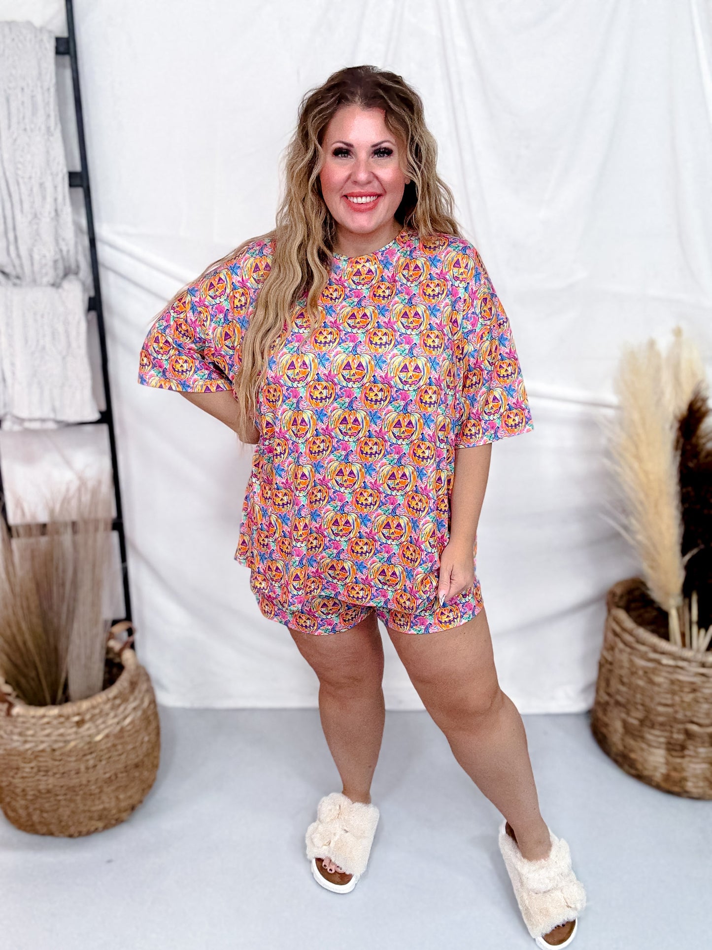 Rainbow Jack-O-Lantern Print Pajama Short And Shirt Set