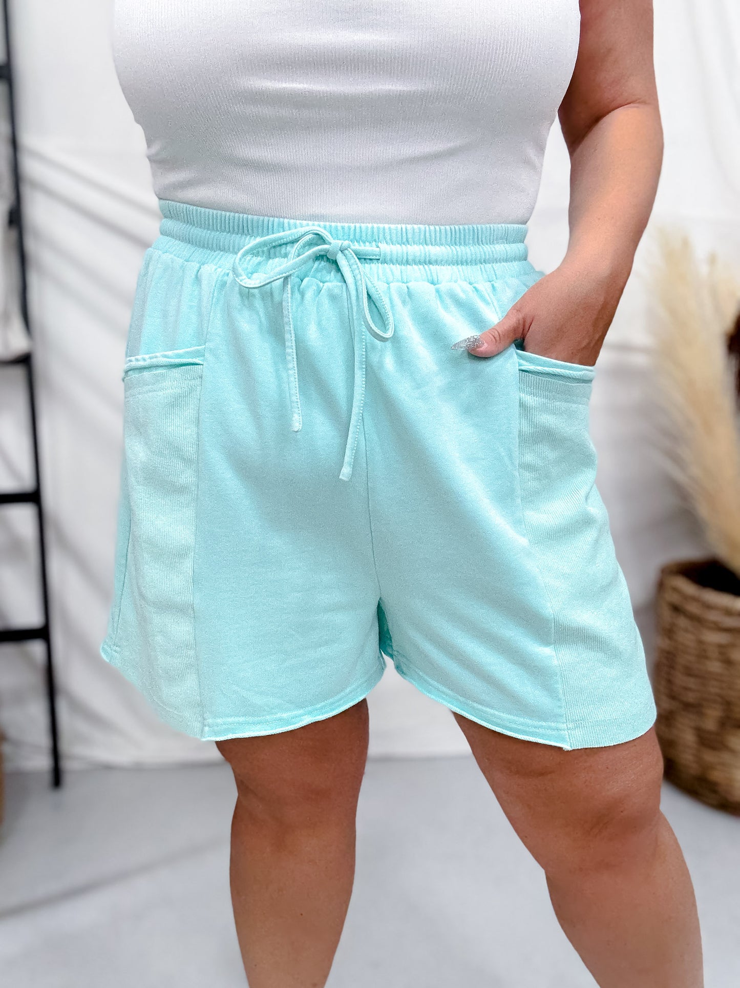 Aqua Blue Acid Washed French Terry Shorts