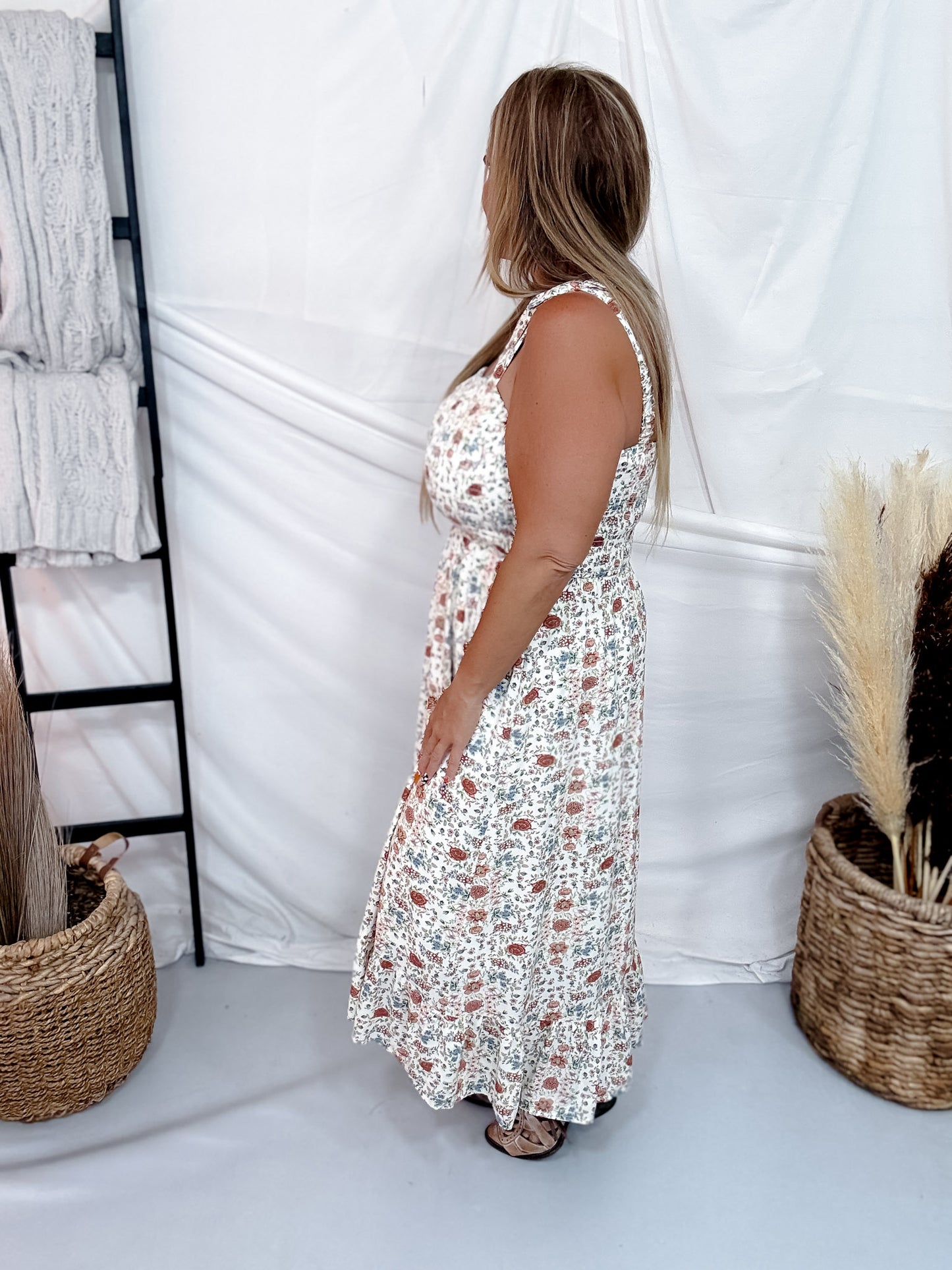 Floral Print Smocked Midi Sundress With Tie Shoulder Straps