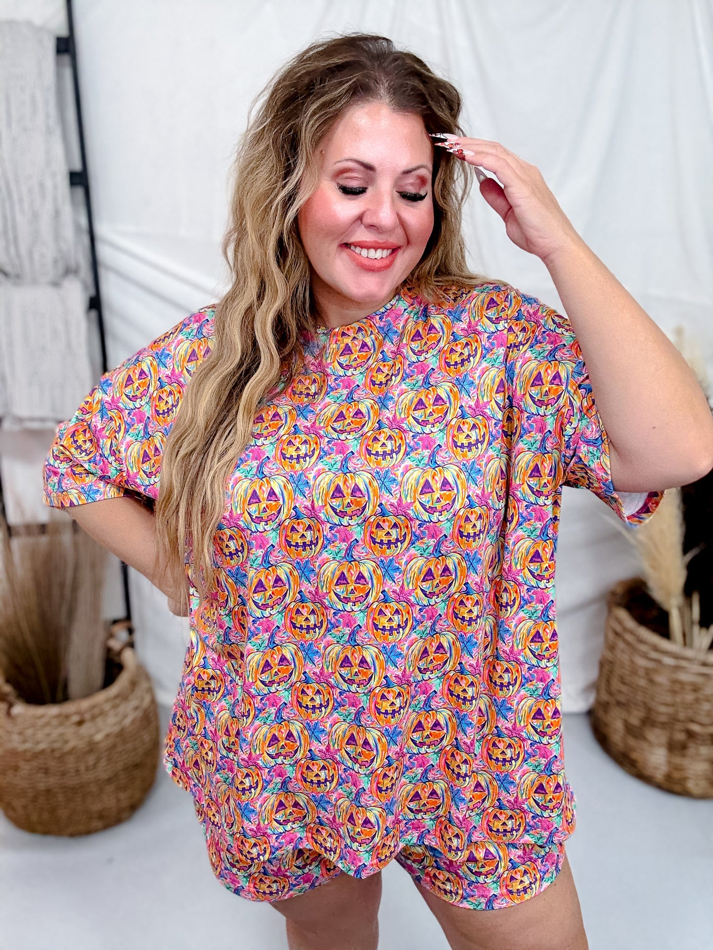 Rainbow Jack-O-Lantern Print Pajama Short And Shirt Set