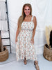 Floral Print Smocked Midi Sundress With Tie Shoulder Straps
