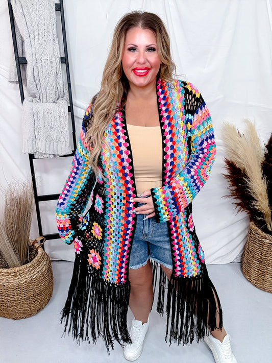 Black Multicolor Crochet Fringe Open Front Cardigan Duster