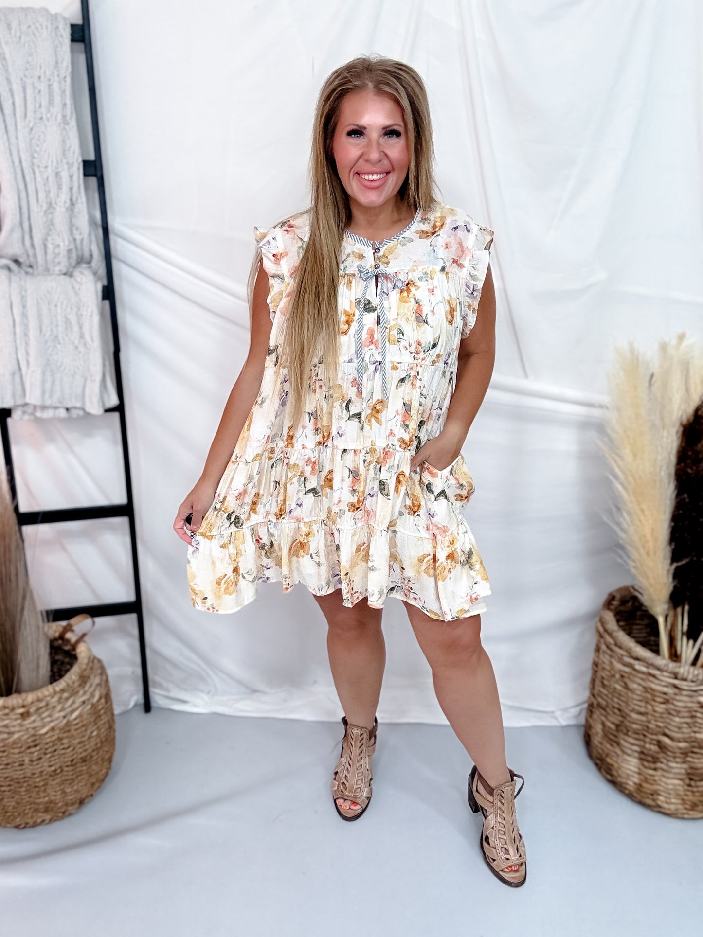 Ivory & Lavender Floral Tiered Babydoll Dress With Flutter Sleeves