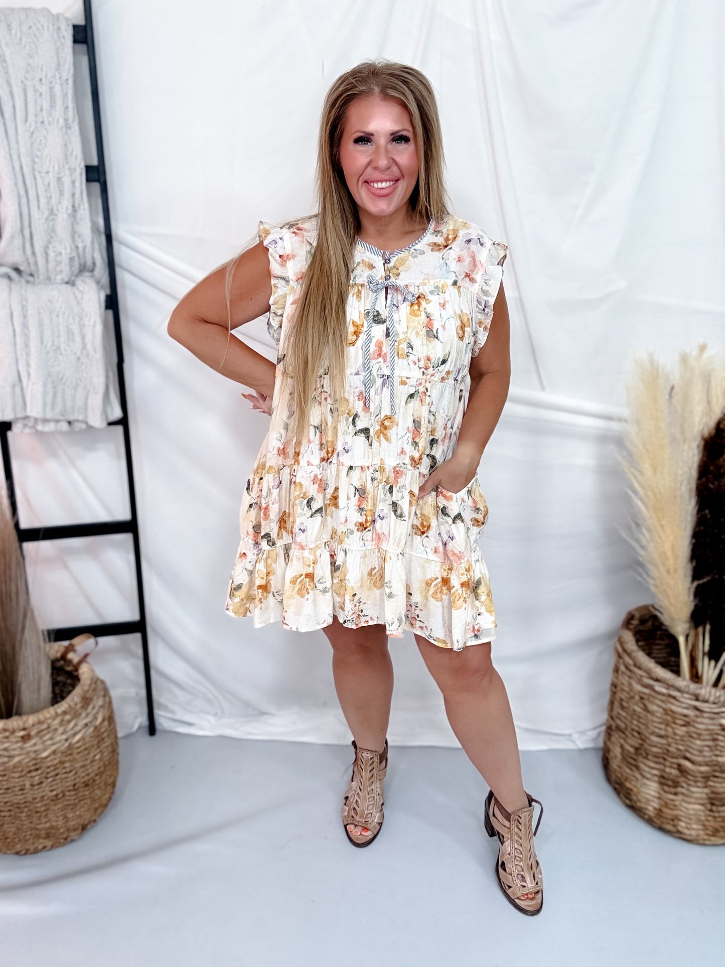 Ivory & Lavender Floral Tiered Babydoll Dress With Flutter Sleeves