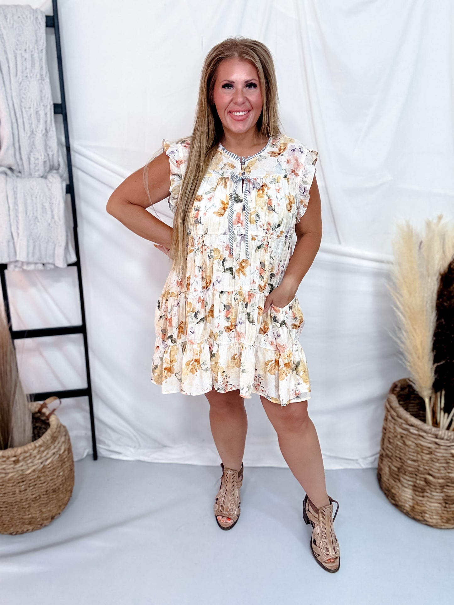 Ivory & Lavender Floral Tiered Babydoll Dress With Flutter Sleeves