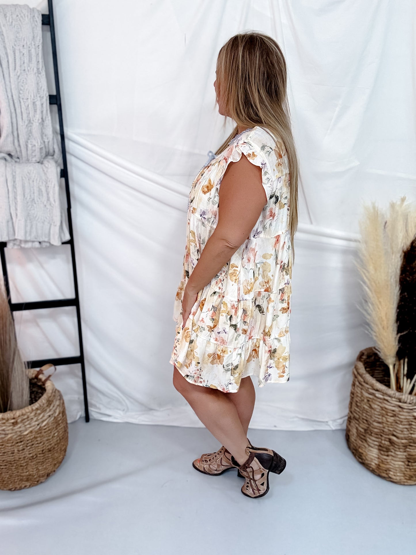 Ivory & Lavender Floral Tiered Babydoll Dress With Flutter Sleeves