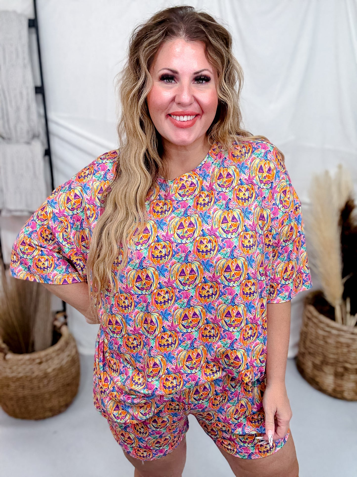 Rainbow Jack-O-Lantern Print Pajama Short And Shirt Set