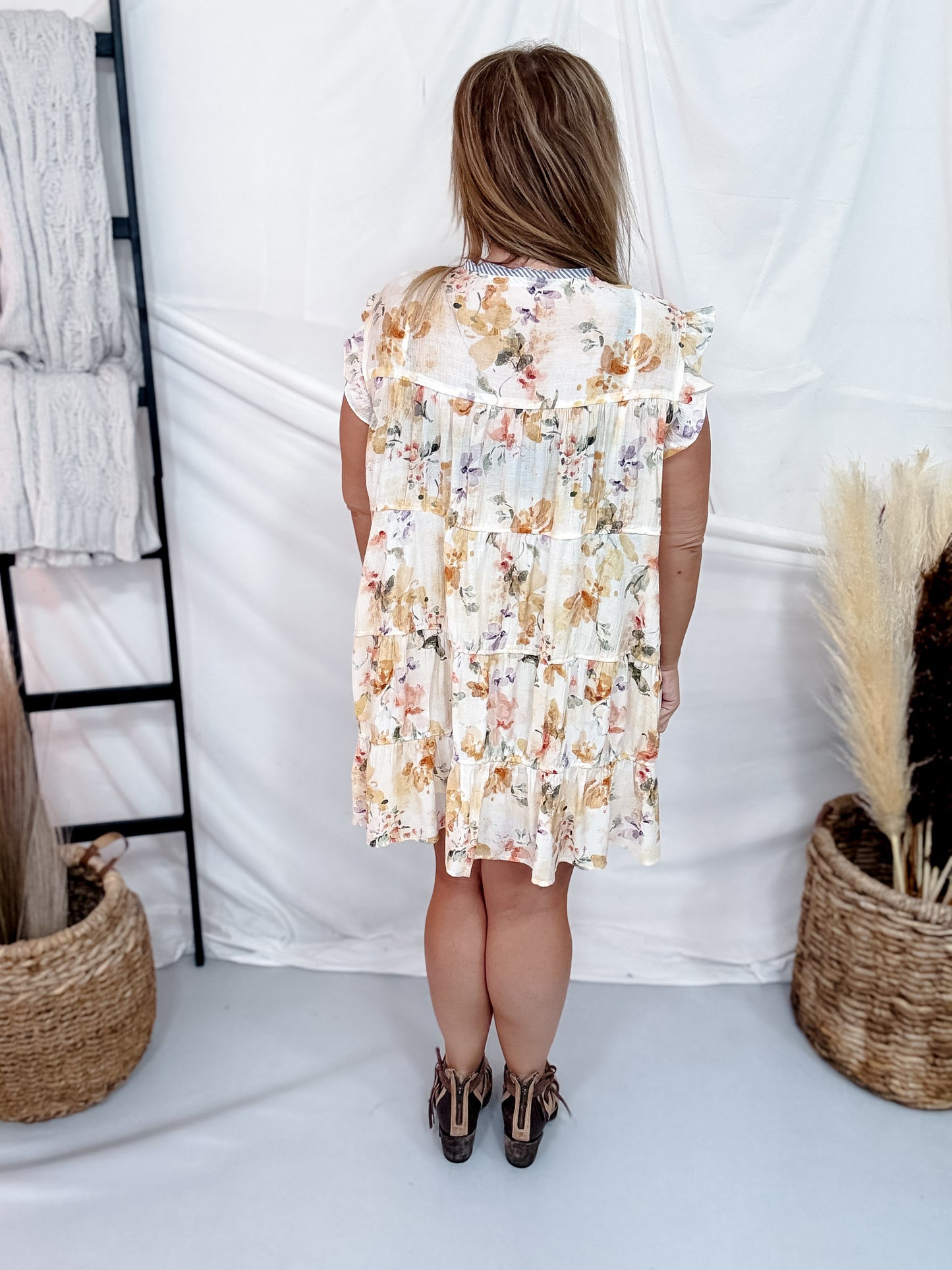 Ivory & Lavender Floral Tiered Babydoll Dress With Flutter Sleeves