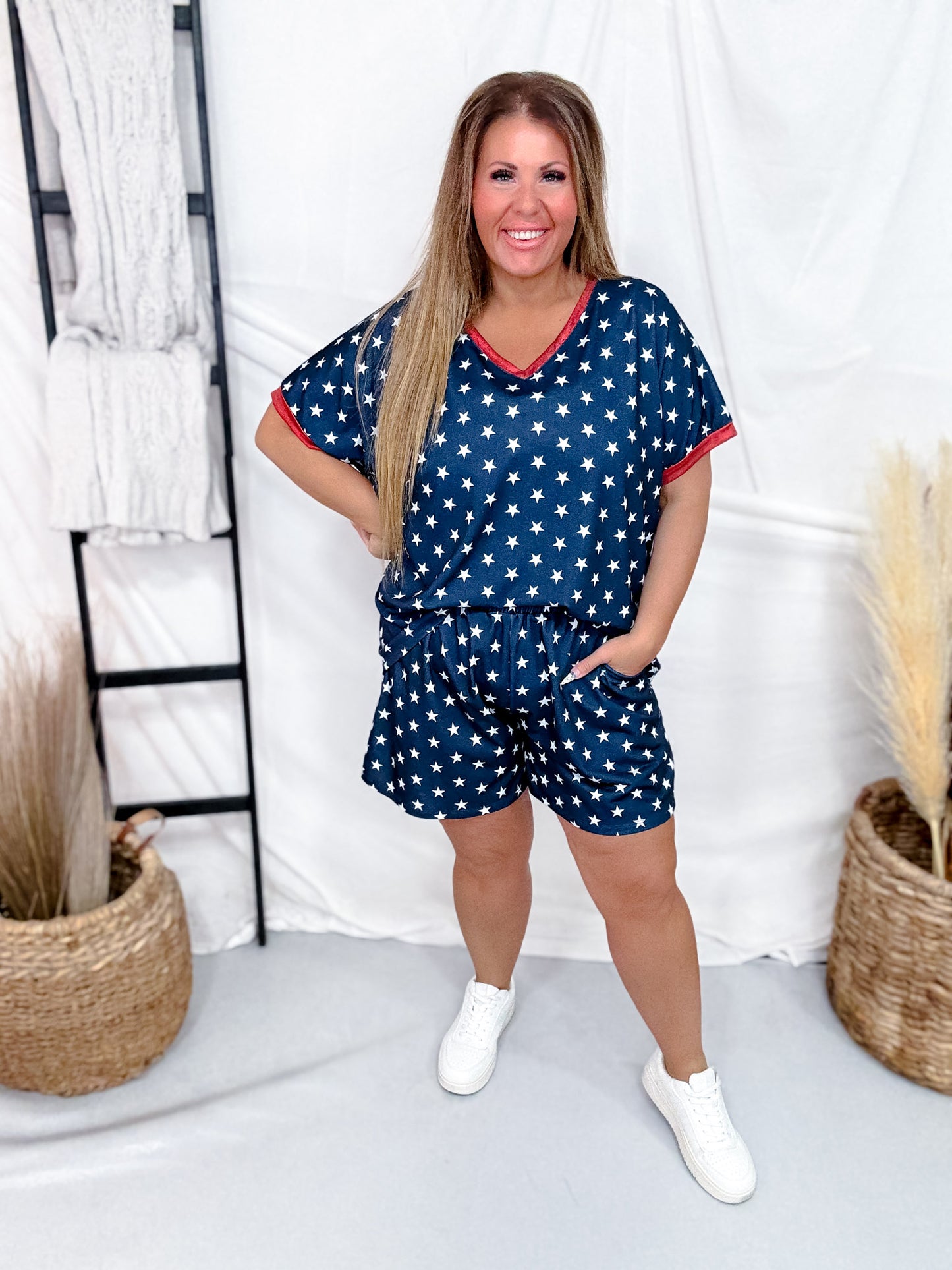 Blue & White Star Print Top With Red Trim V-Neckline
