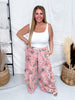 Pink Floral Wide Leg Denim Pants With Drawstring Waist