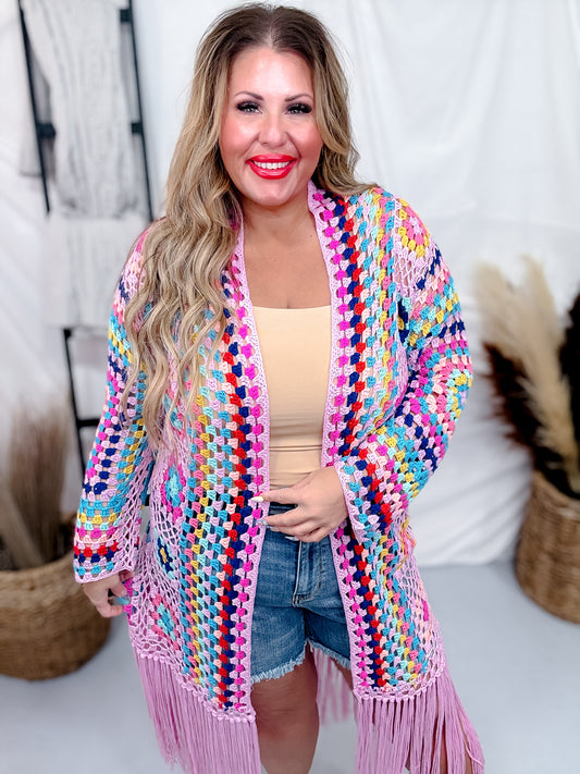Pink Multi-Color Crochet Fringe Open Front Cardigan Duster