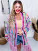 Pink Multi-Color Crochet Fringe Open Front Cardigan Duster
