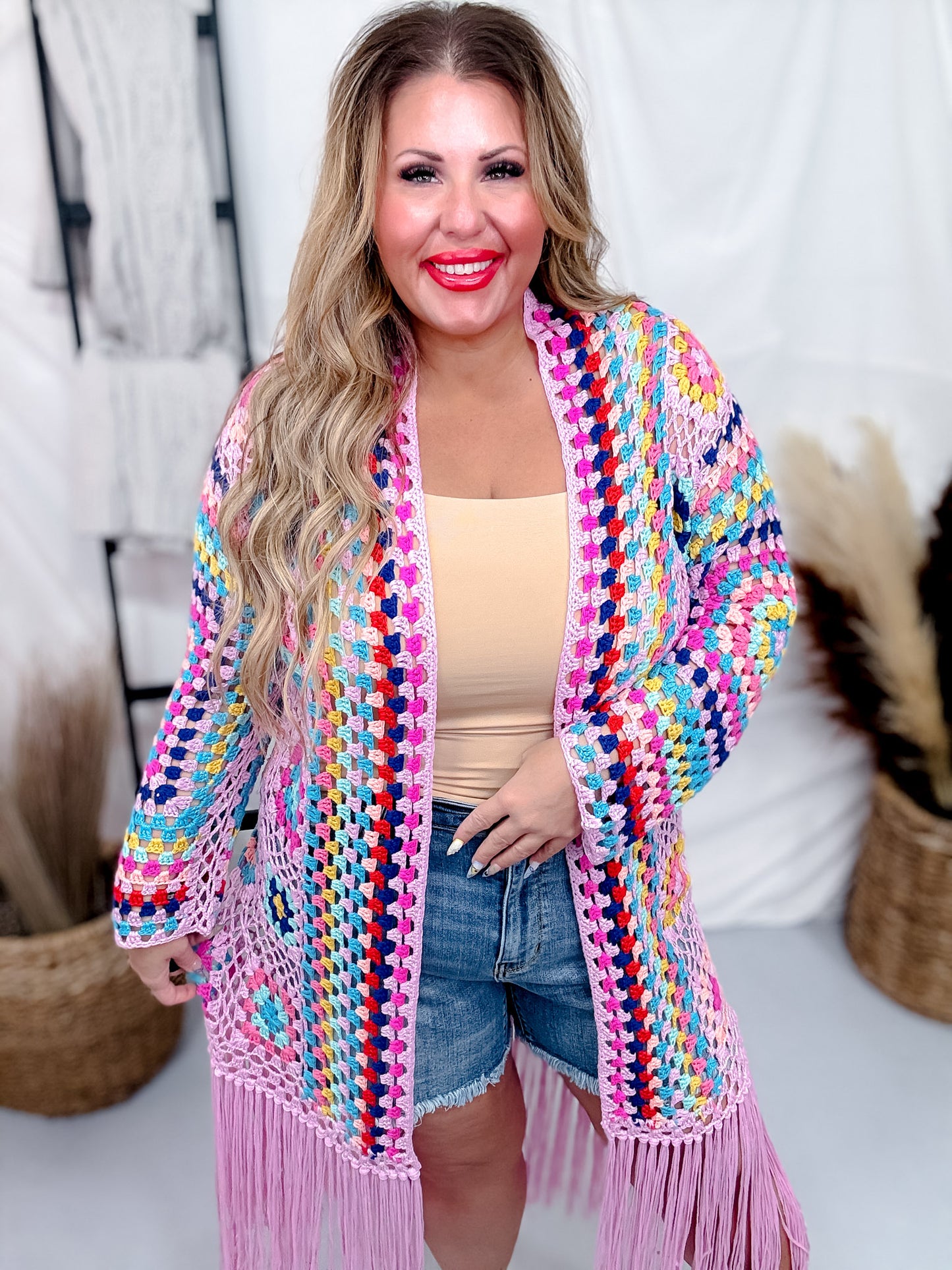 Pink Multi-Color Crochet Fringe Open Front Cardigan Duster