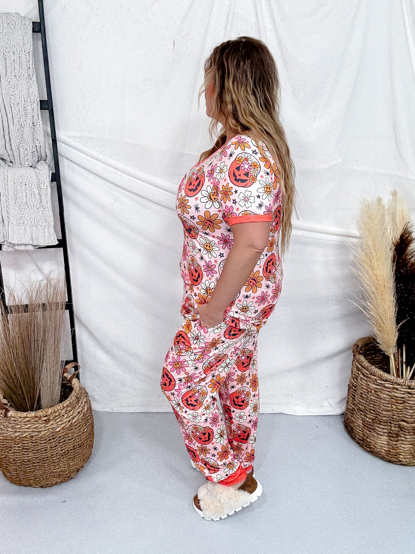 Hippie Pumpkin Pajama Set With Short Sleeve Top & Joggers