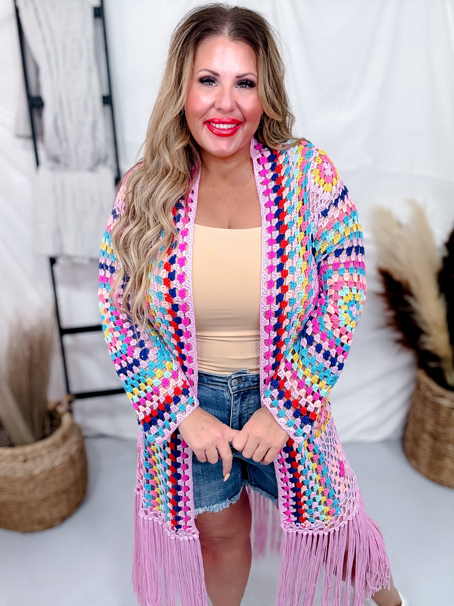 Pink Multi-Color Crochet Fringe Open Front Cardigan Duster