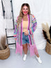 Pink Multi-Color Crochet Fringe Open Front Cardigan Duster