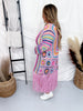Pink Multi-Color Crochet Fringe Open Front Cardigan Duster