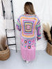 Pink Multi-Color Crochet Fringe Open Front Cardigan Duster
