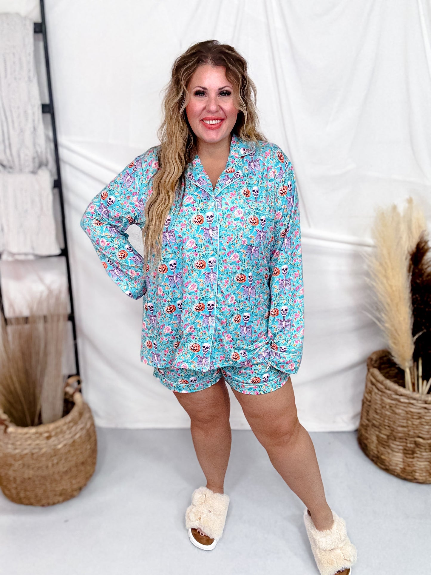 Aqua Skeleton Long Sleeve Shirt And Shorts Pajama Set