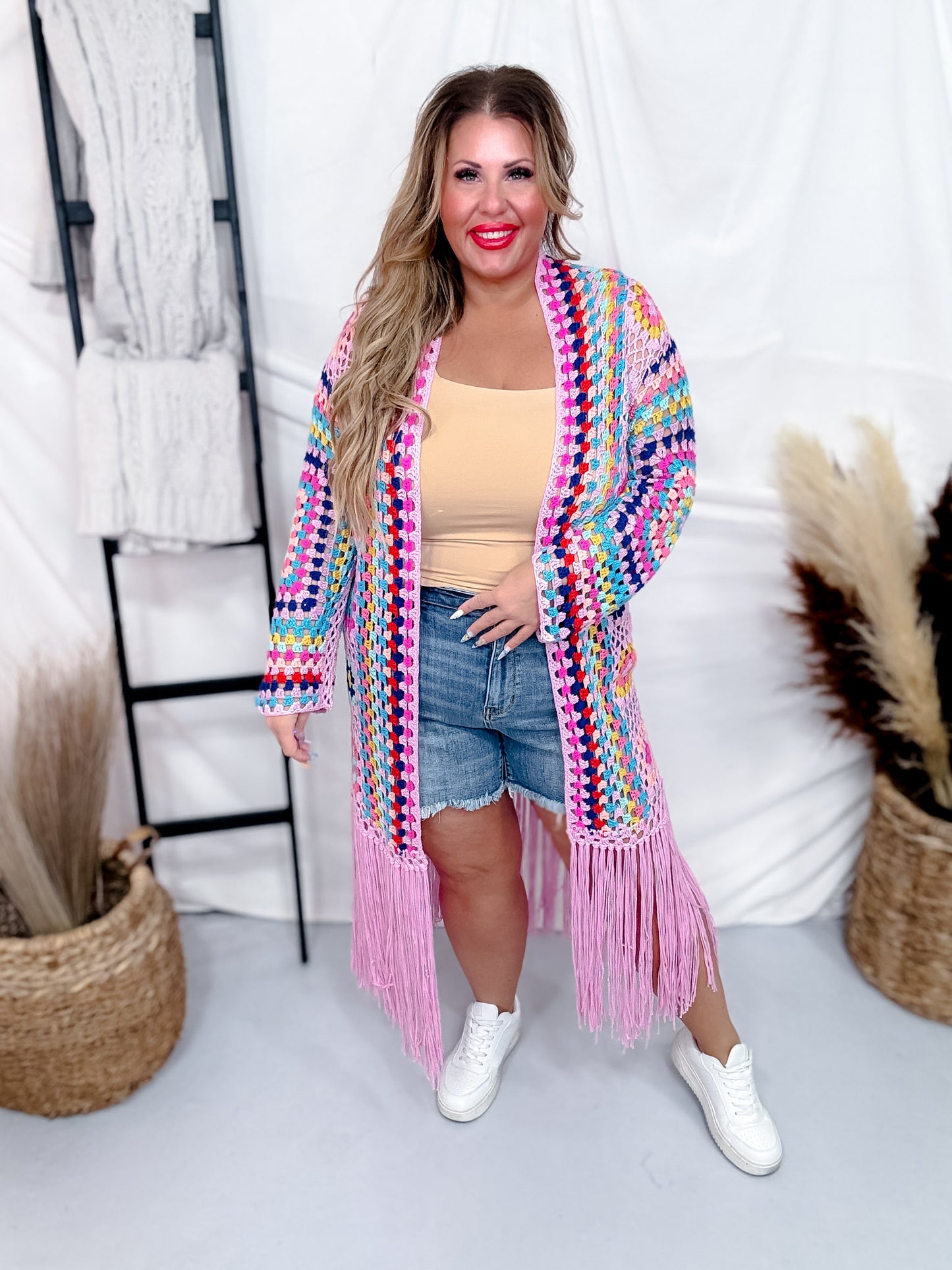 Pink Multi-Color Crochet Fringe Open Front Cardigan Duster