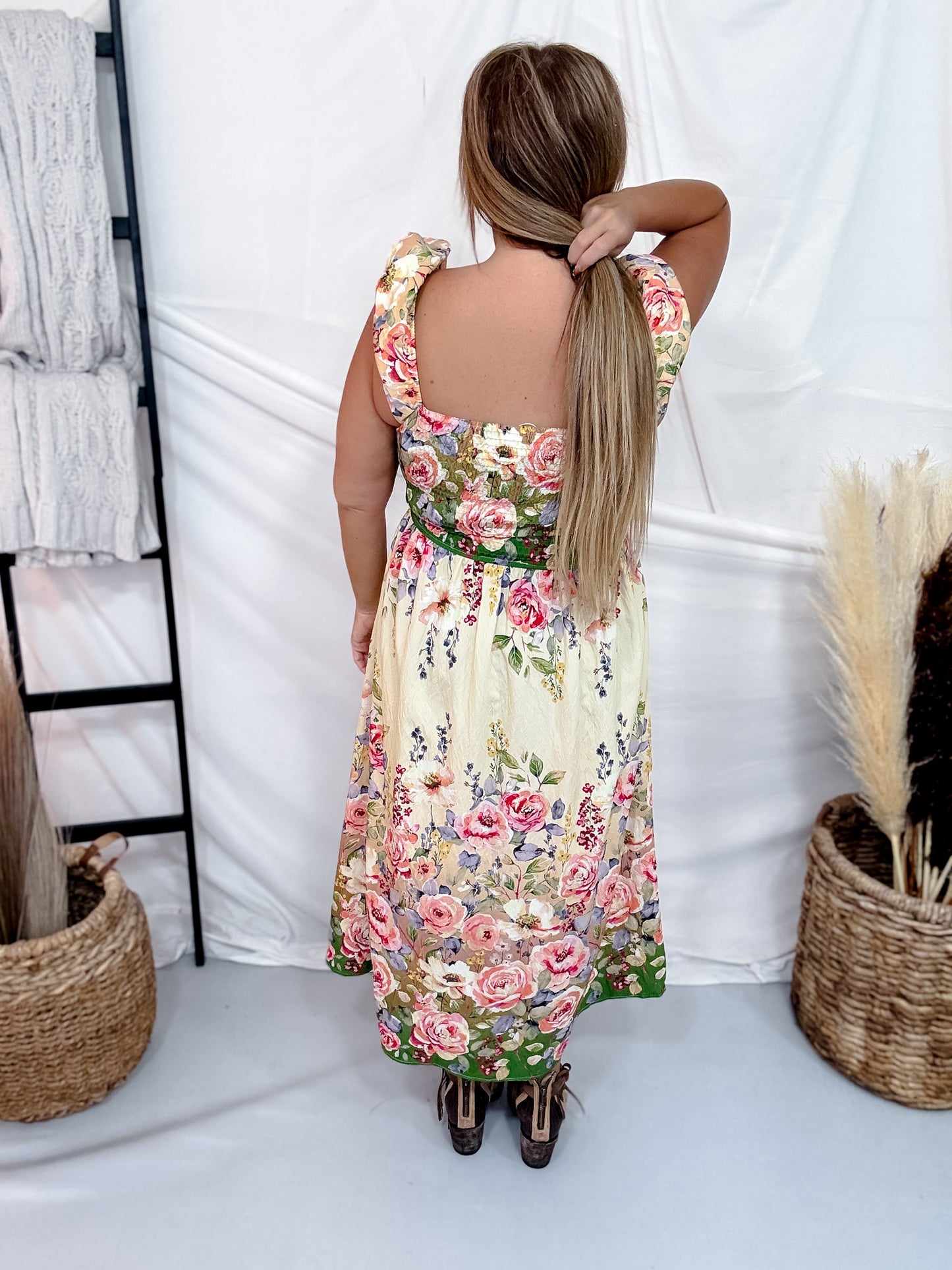 Spring Garden Flutter Sleeve Midi Dress