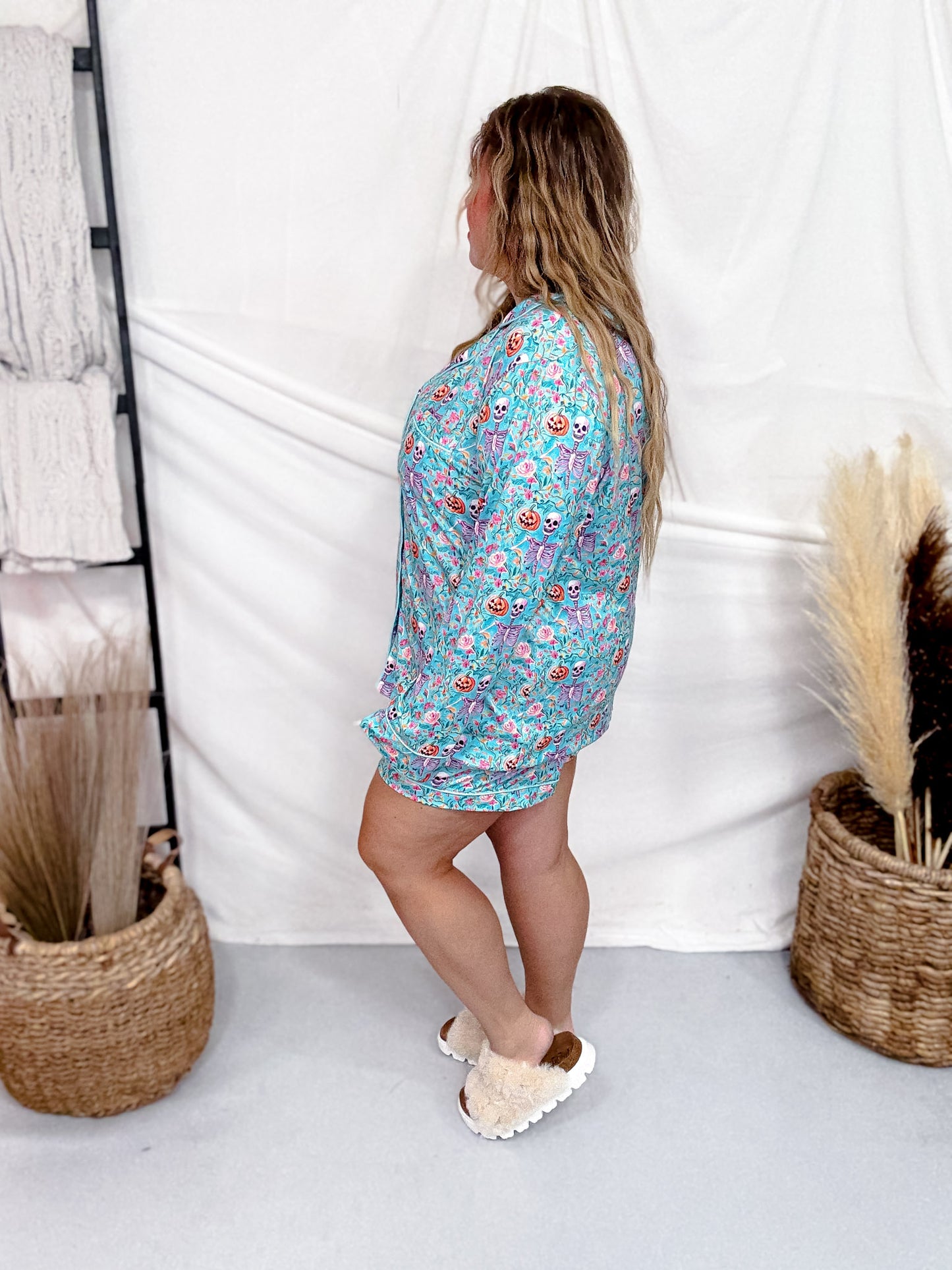 Aqua Skeleton Long Sleeve Shirt And Shorts Pajama Set