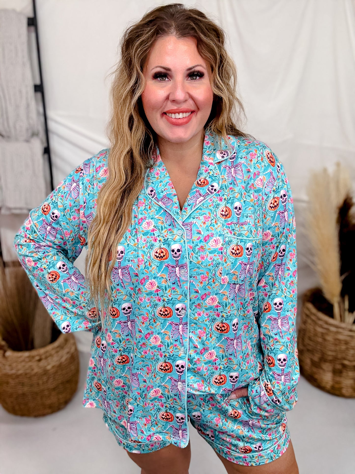 Aqua Skeleton Long Sleeve Shirt And Shorts Pajama Set