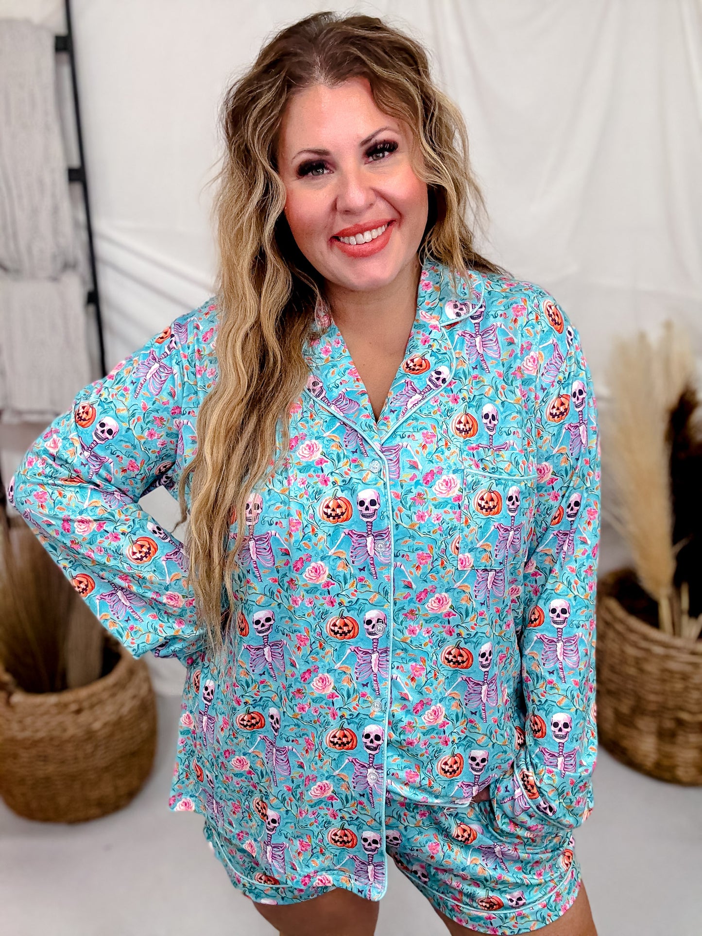 Aqua Skeleton Long Sleeve Shirt And Shorts Pajama Set