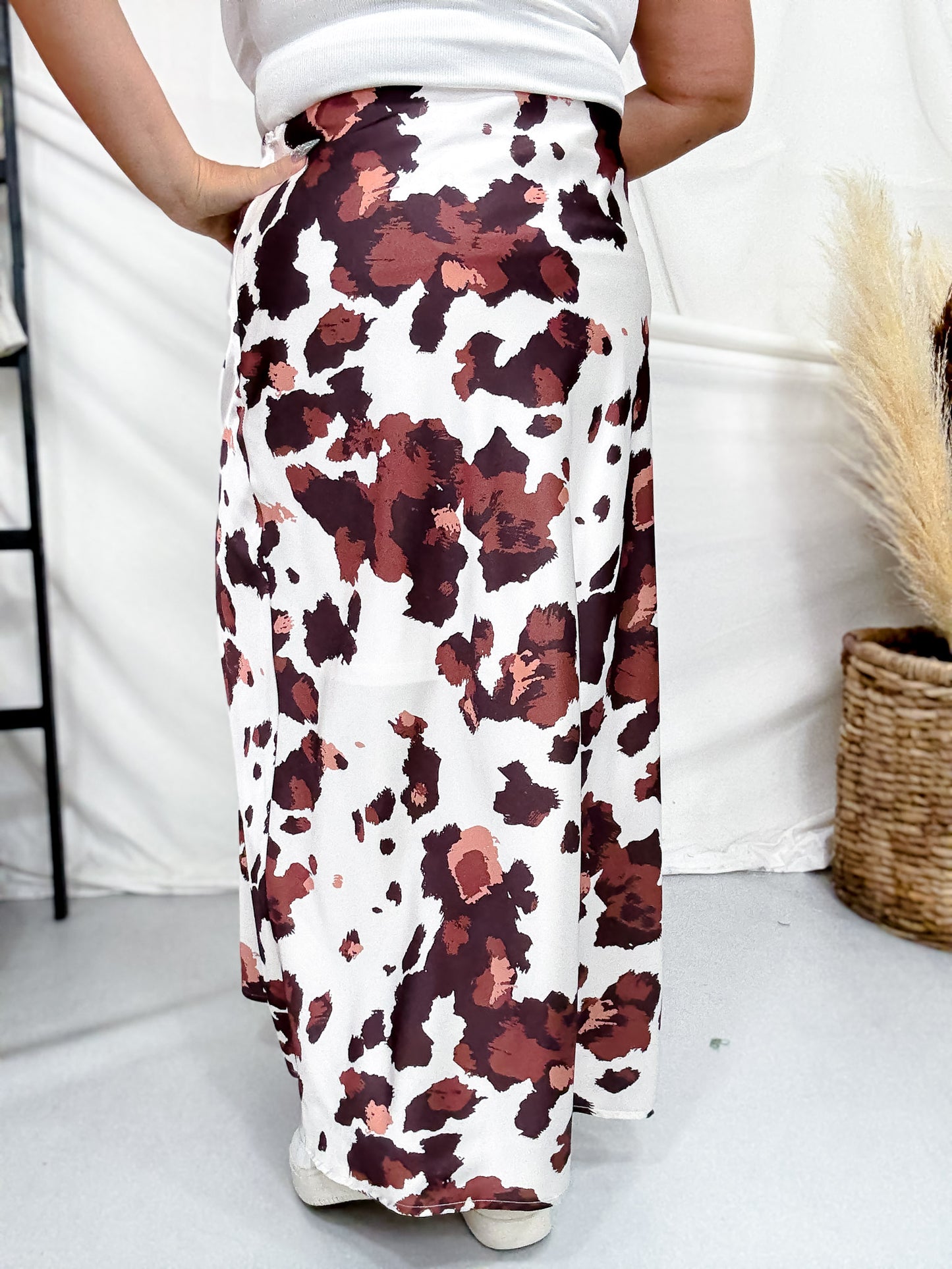 White & Brown Cow Print Satin Maxi Skirt
