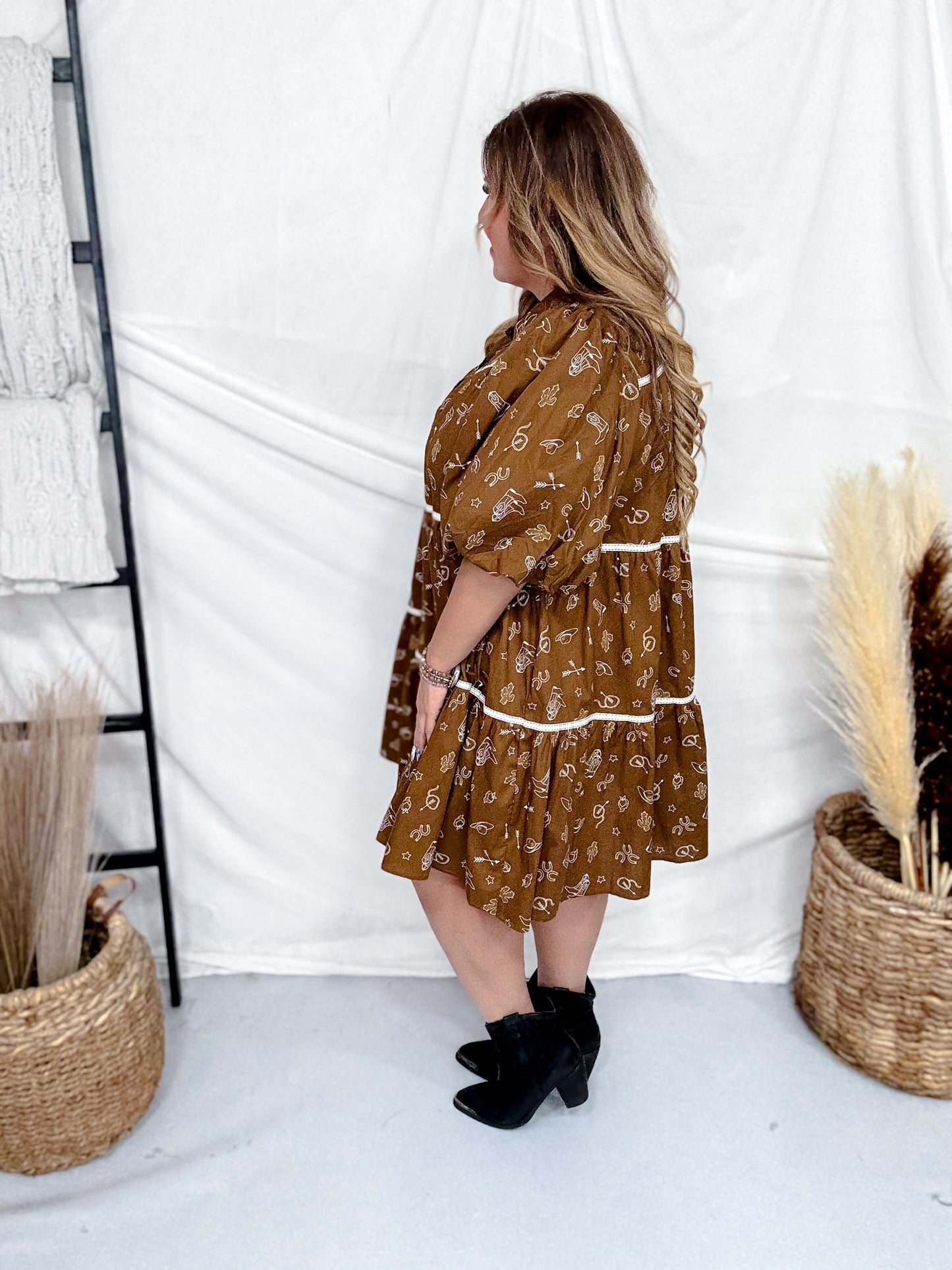 Western Print Mini Dress With Puff Sleeves FINAL SALE - Whiskey Skies Western Print Mini Dress With Puff Sleeves FINAL SALE - Whiskey Skies