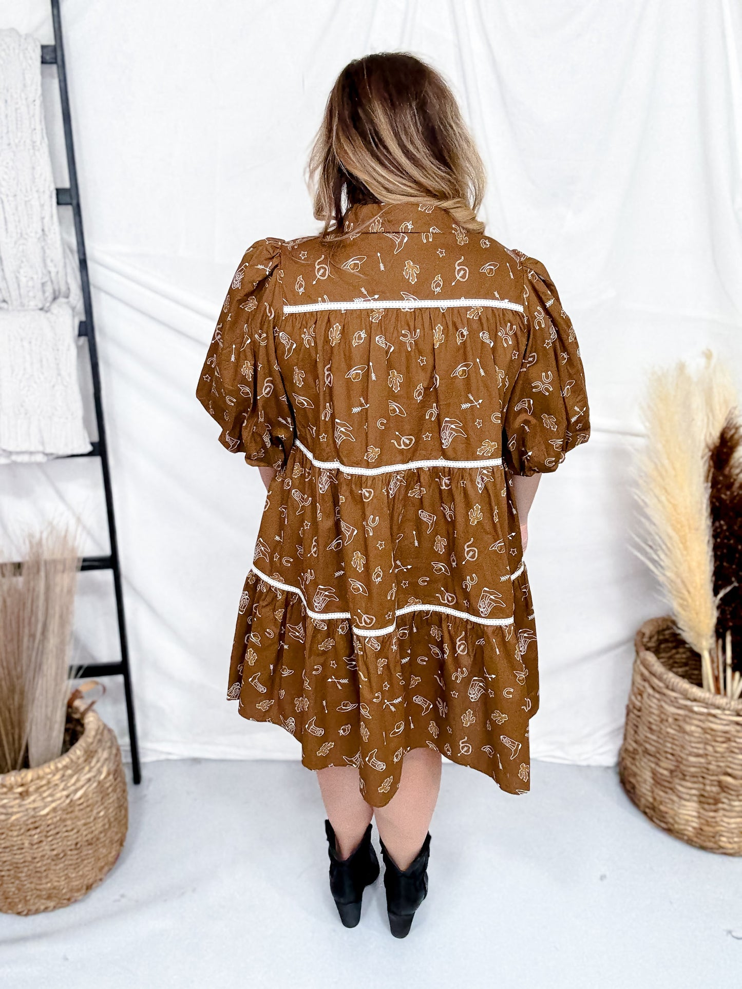 Western Print Mini Dress With Puff Sleeves