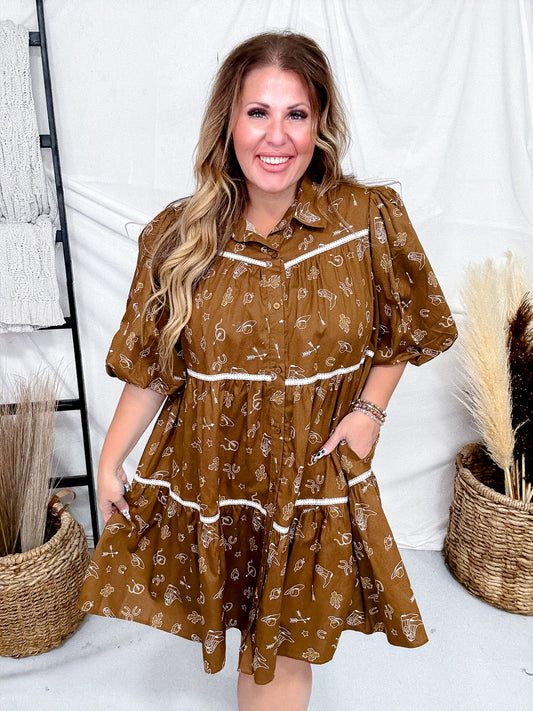 Western Print Mini Dress With Puff Sleeves