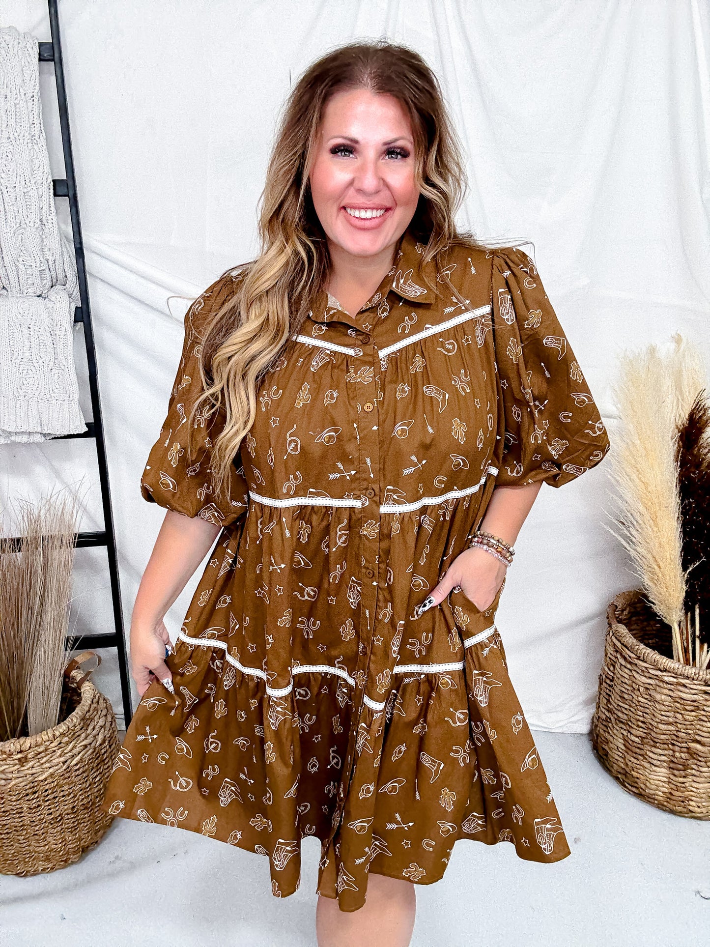 Western Print Mini Dress With Puff Sleeves