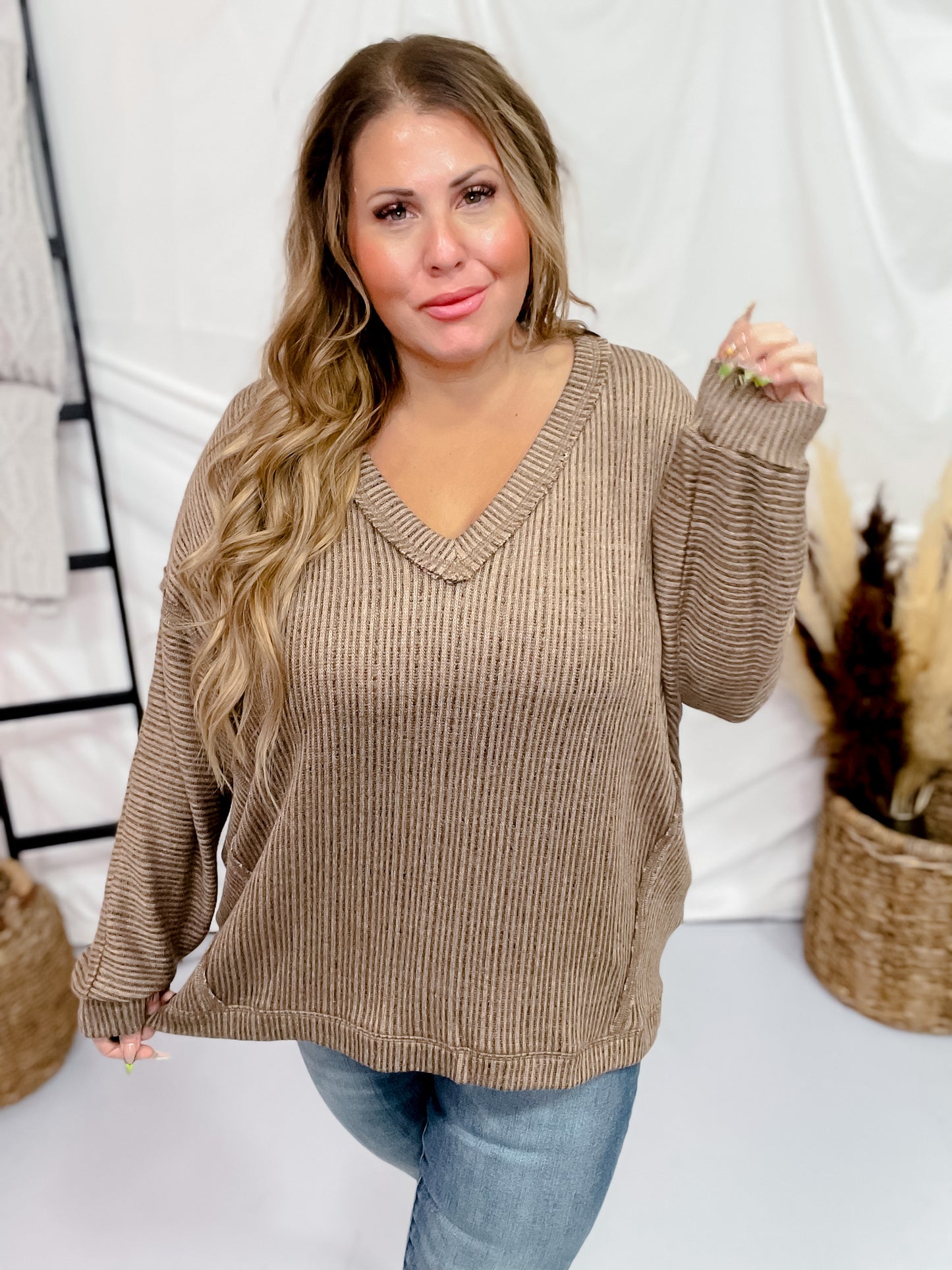 Striped V-Neck Drop Shoulder Top in Brown