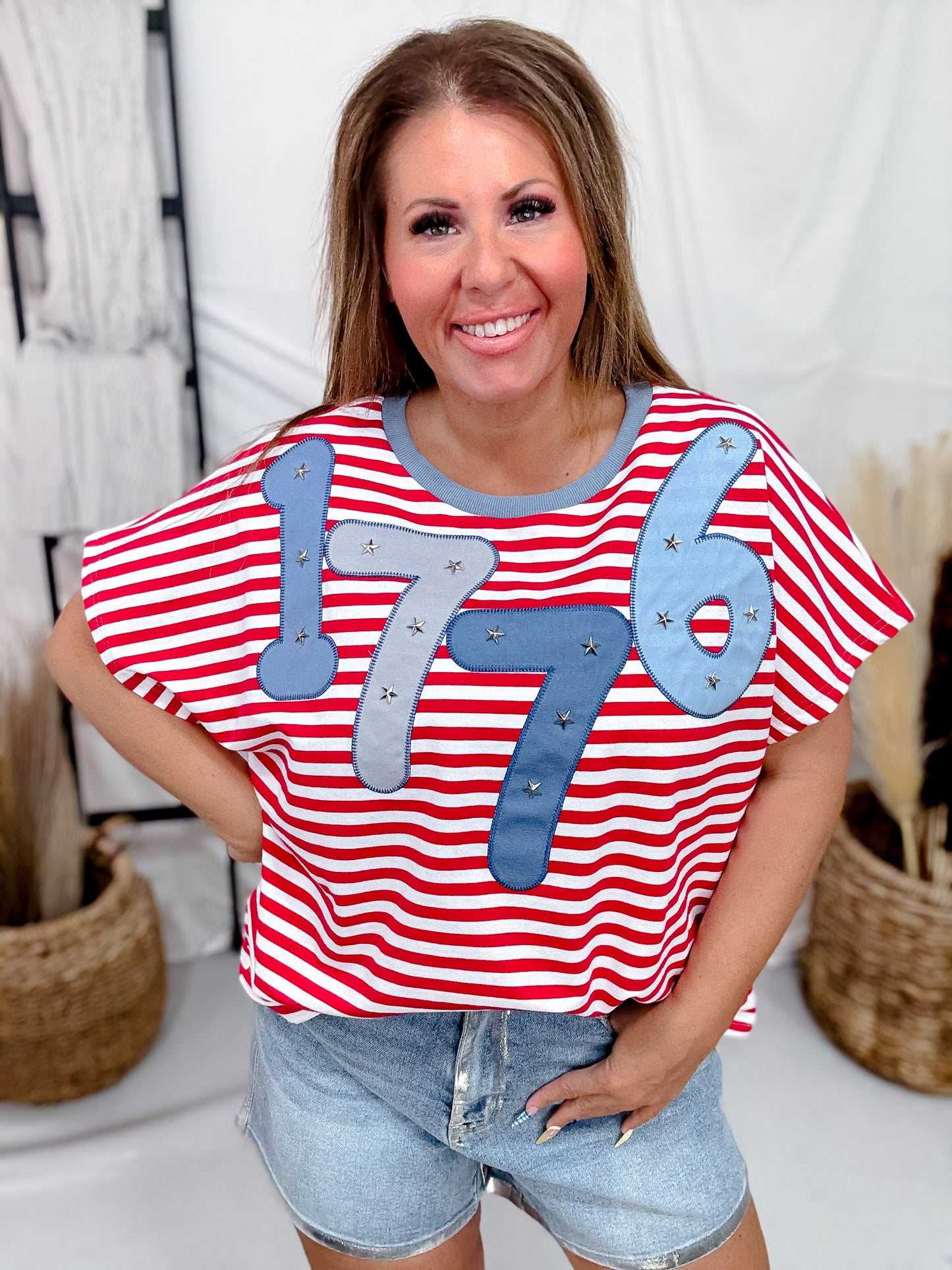 Red & White Striped "1776" Short Sleeve Shirt