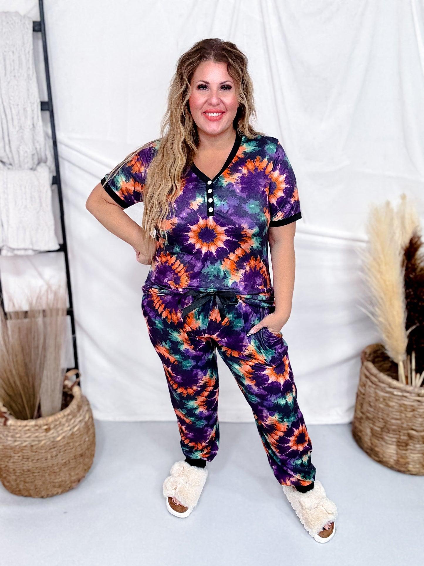 Purple Tie Dye Short Sleeve Shirt & Jogger Set