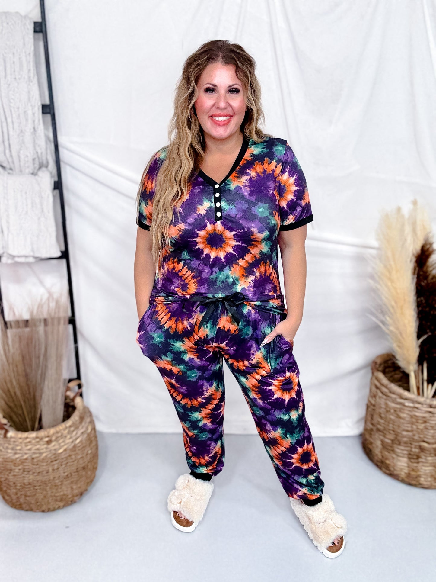 Purple Tie Dye Short Sleeve Shirt & Jogger Set