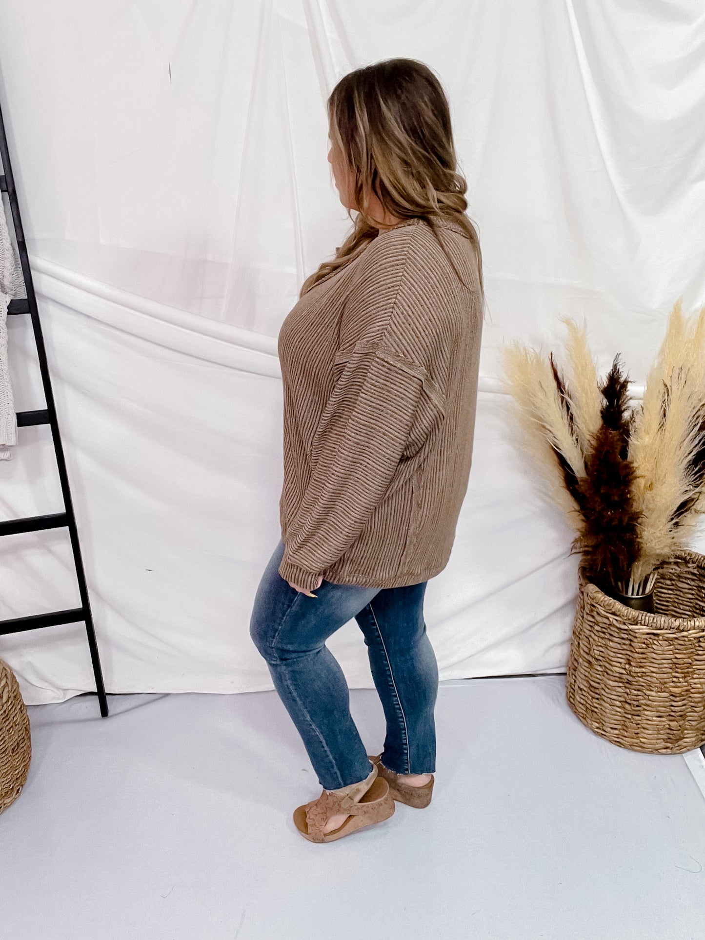 Striped V-Neck Drop Shoulder Top in Brown