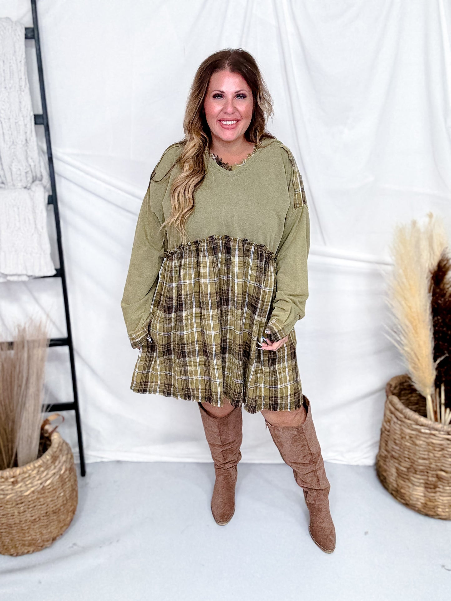 Cozy Plaid Accent Hooded Olive Mini Dress