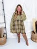 Cozy Plaid Accent Hooded Olive Mini Dress