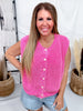 Washed Cable Knit Textured Front Button Sleeveless Cardigan