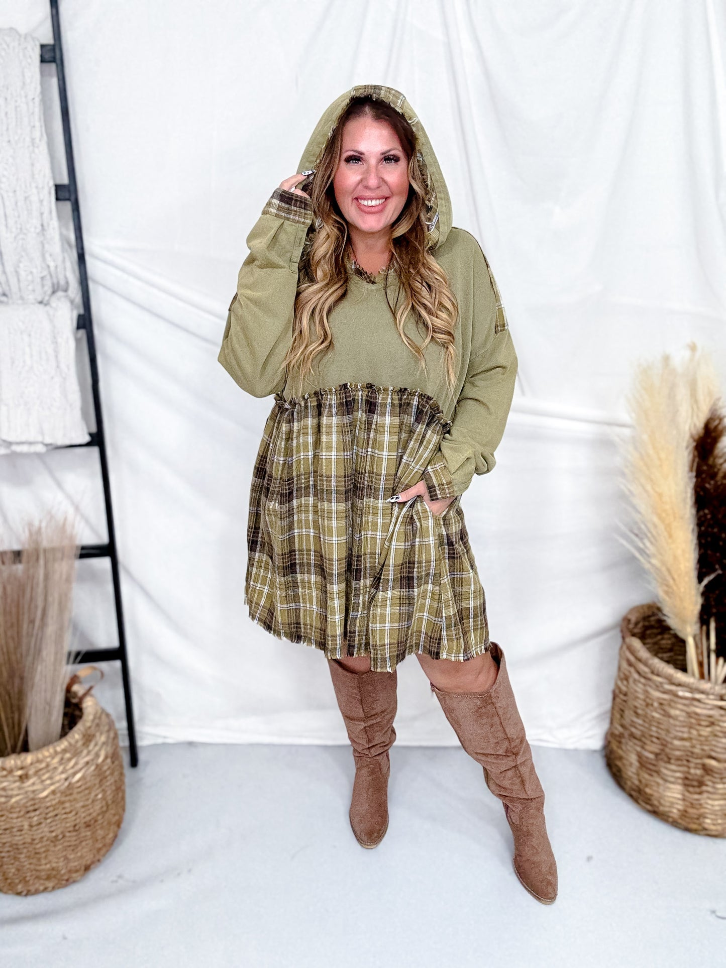 Cozy Plaid Accent Hooded Olive Mini Dress
