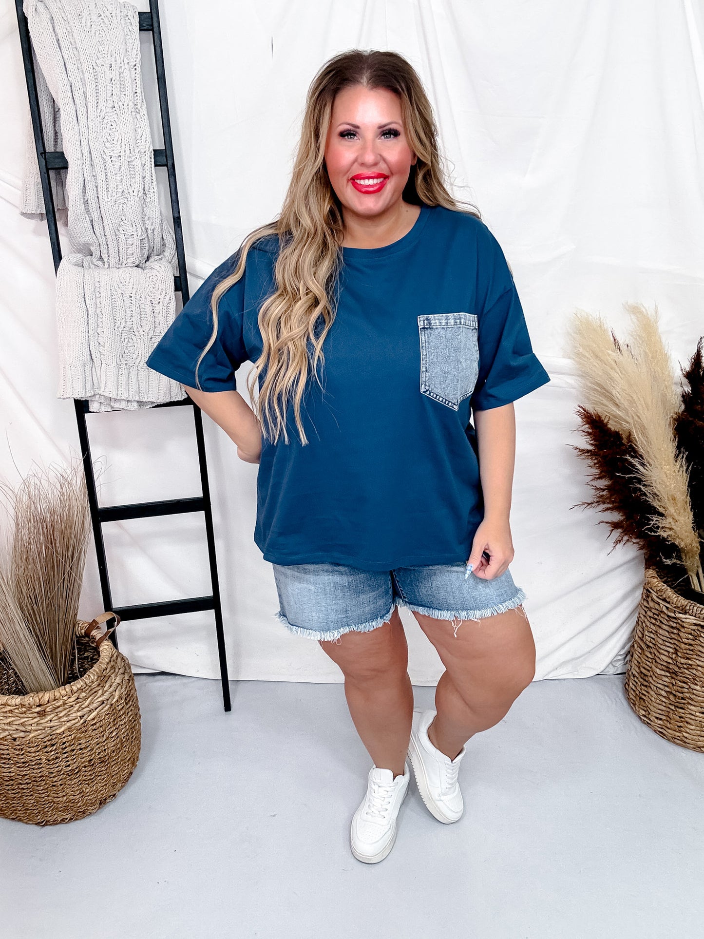 Navy Blue Short Sleeve Top with Denim Front Pocket