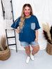 Navy Blue Short Sleeve Top with Denim Front Pocket