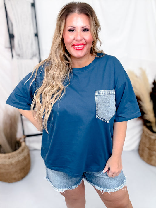 Navy Blue Short Sleeve Top with Denim Front Pocket