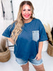 Navy Blue Short Sleeve Top with Denim Front Pocket