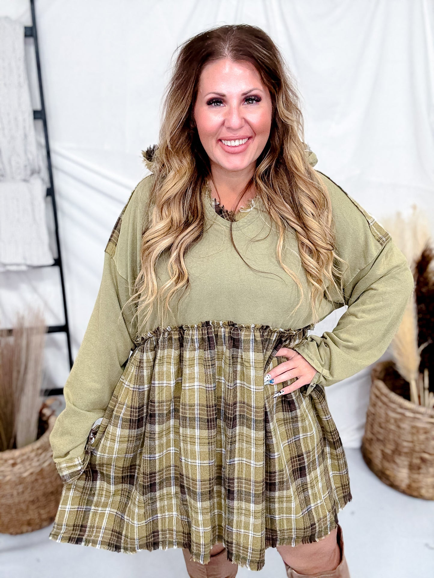 Cozy Plaid Accent Hooded Olive Mini Dress